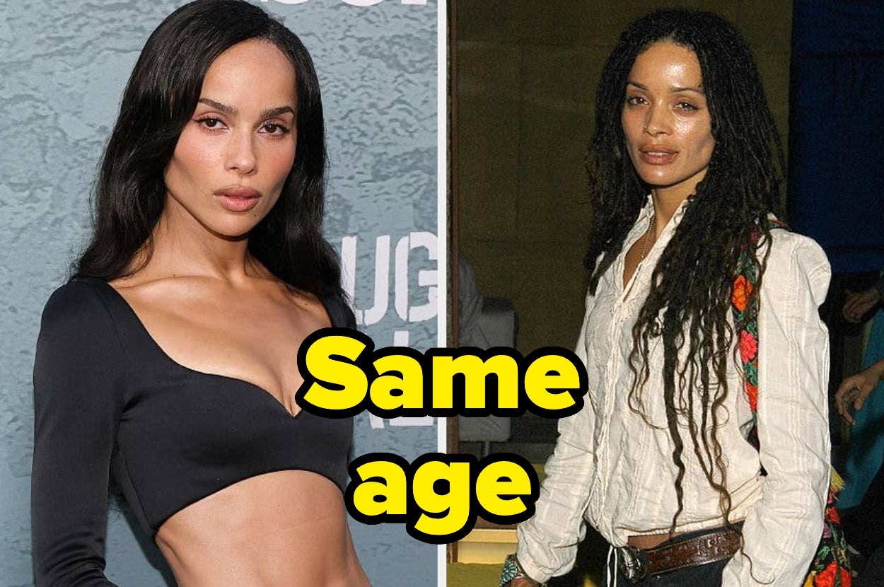 Two side-by-side images comparing two women with text saying "Same age" in bold letters placed between the images