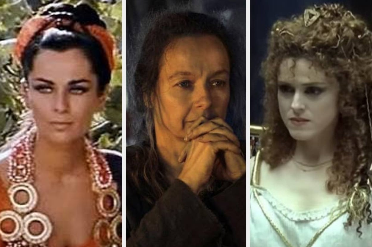 Three actresses in historical film costumes: ornate jewelry, medieval attire, and Victorian-era dress, each posing in character