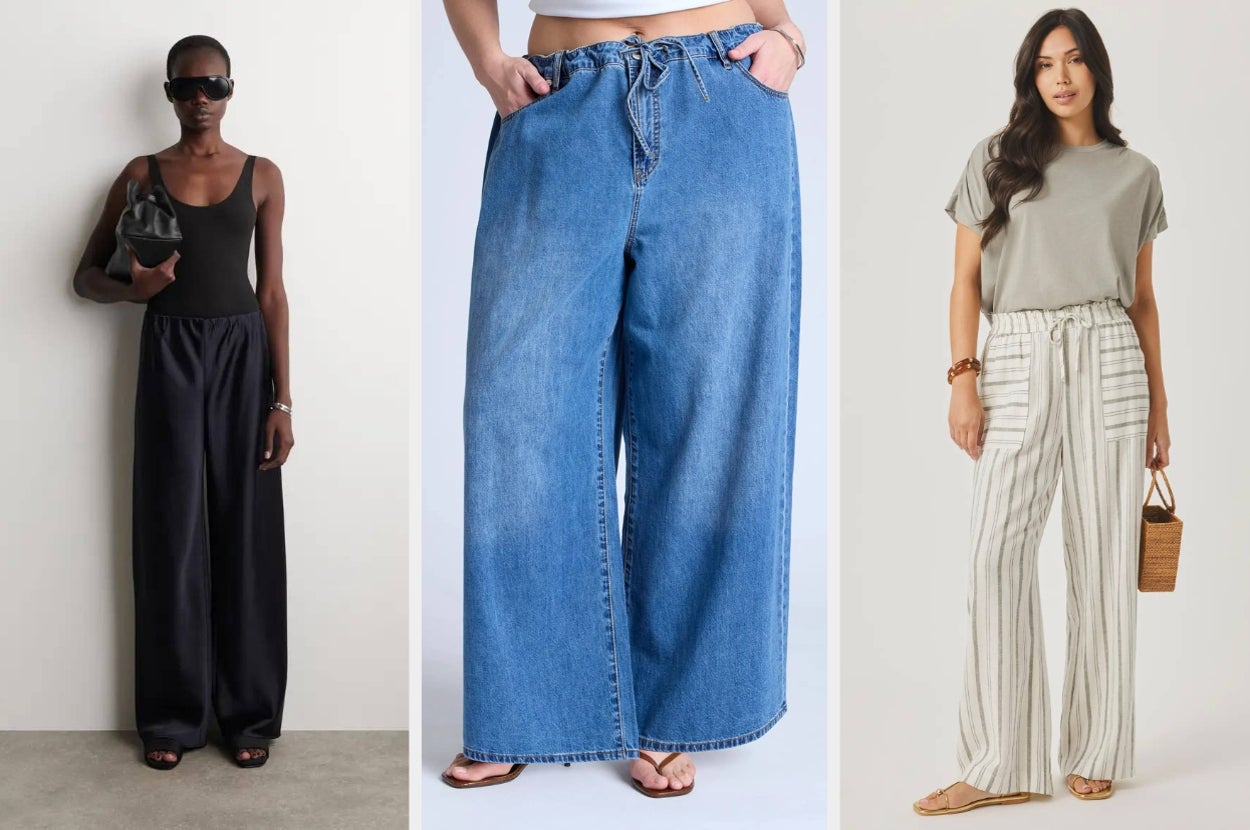 Three individuals showcase different wide-leg pants styles: a black tank and pants, blue denim pants, and striped linen pants with a gray tee