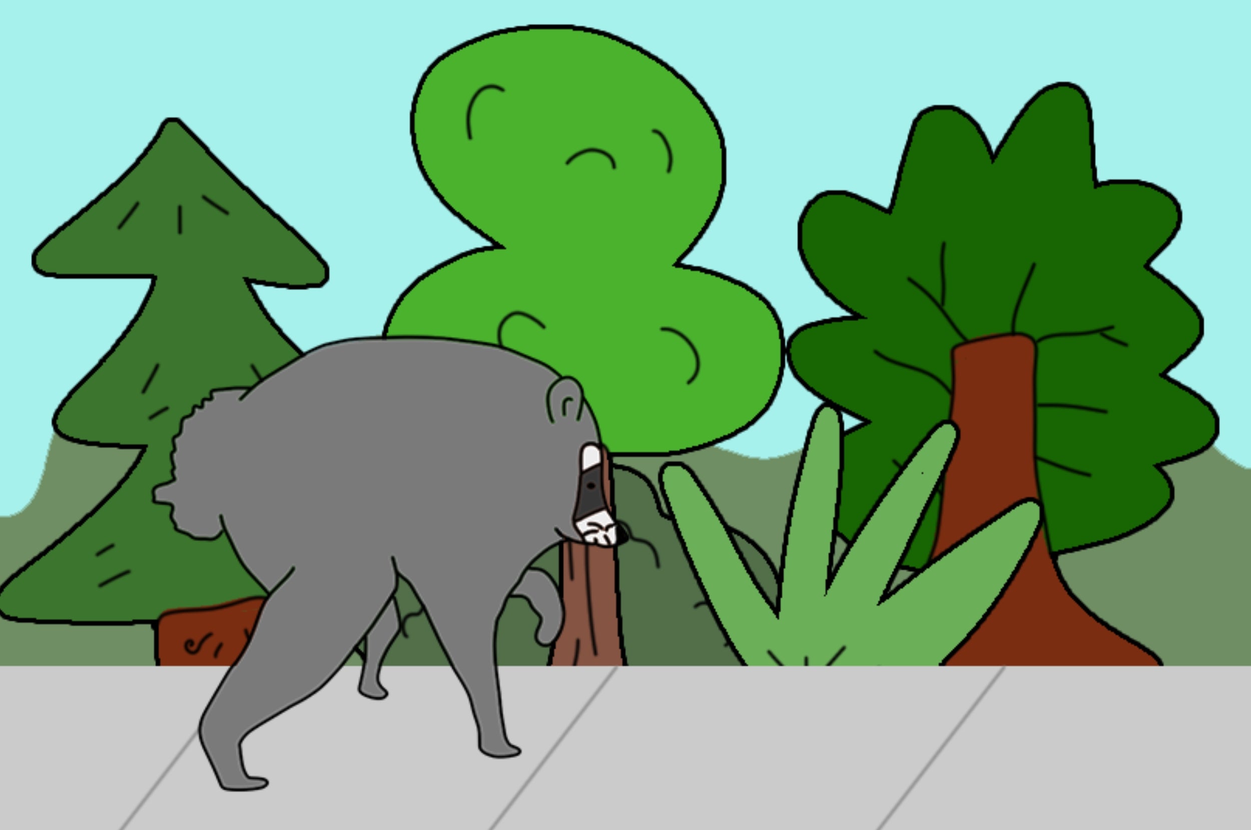 Cartoon bear walking on a sidewalk with trees in the background