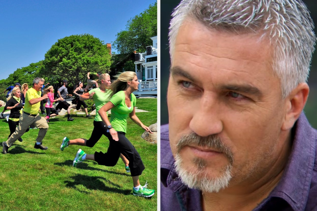 People running in a park; a man with short gray hair looking pensive
