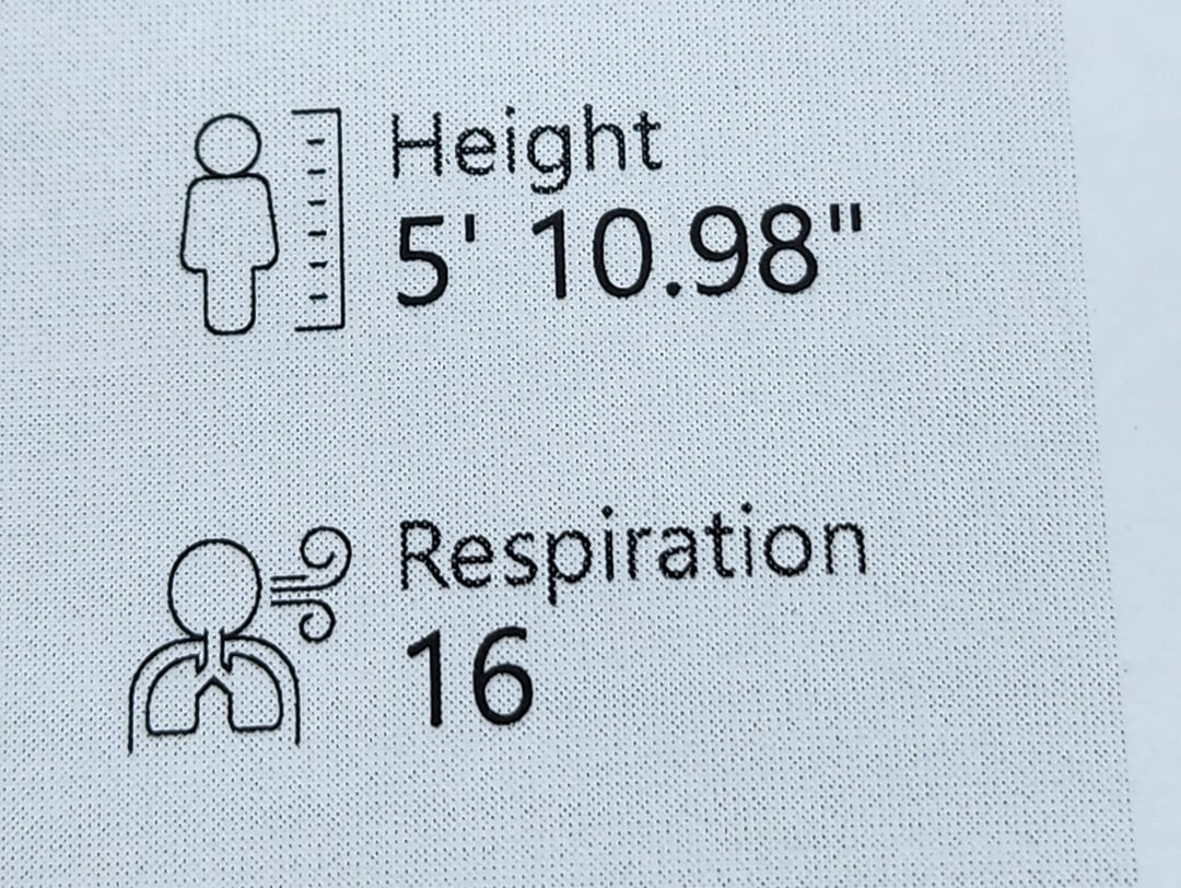 Image showing measurements: Height is 5 feet 10.98 inches, Respiration rate is 16 breaths per minute