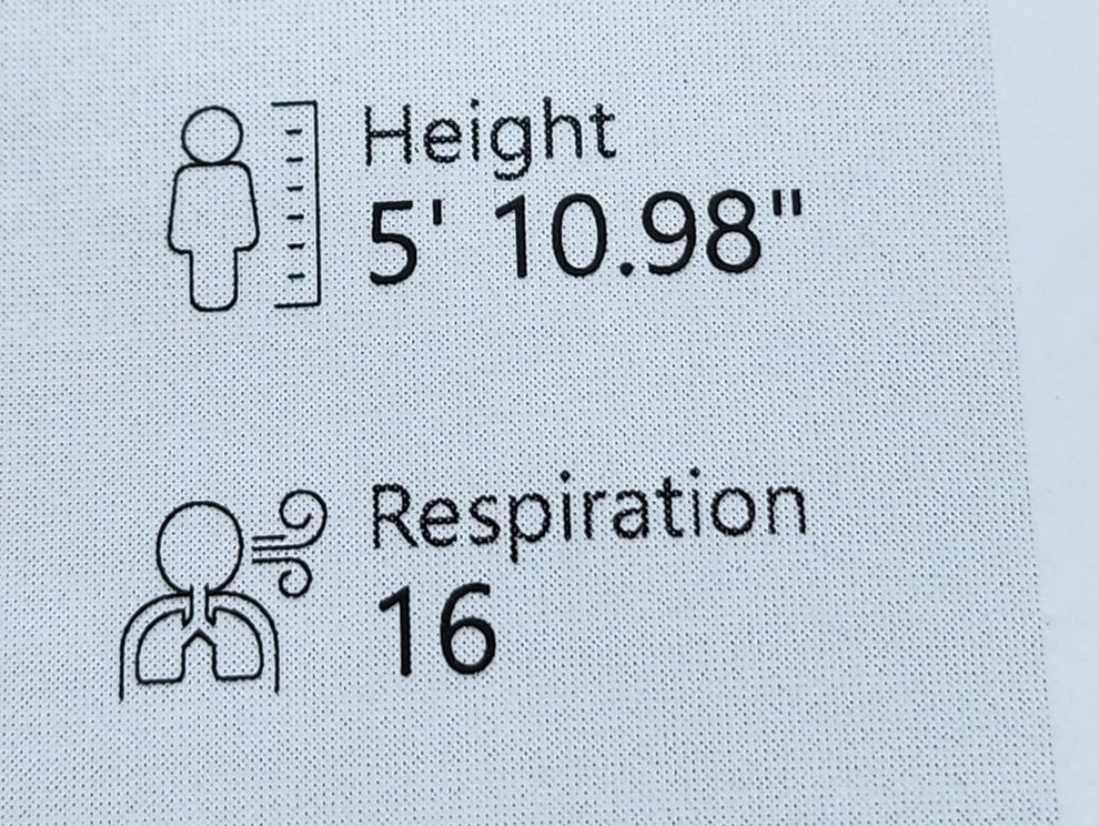 Image showing measurements: Height is 5 feet 10.98 inches, Respiration rate is 16 breaths per minute