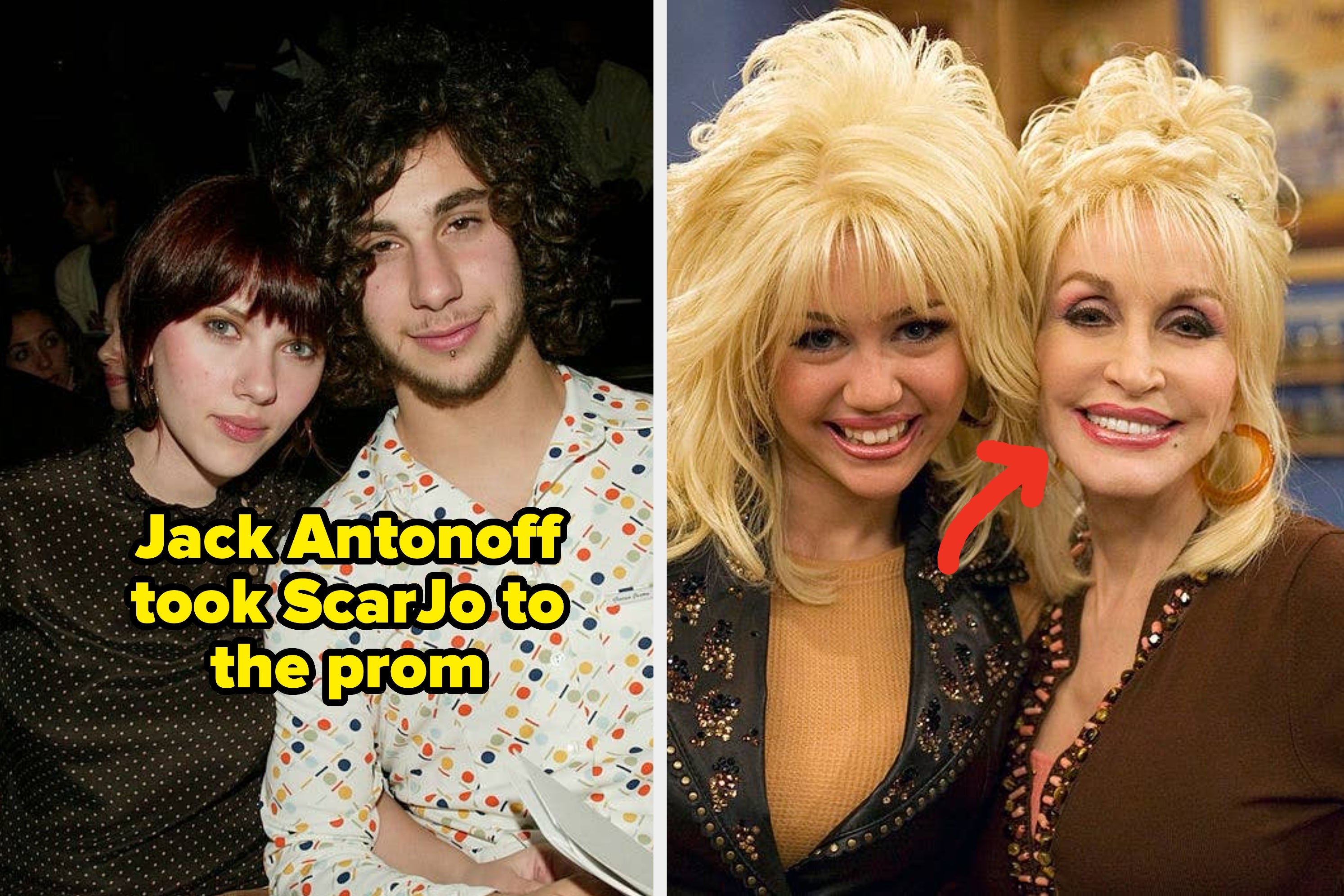 Scarlett Johansson and Jack Antonoff in 2002; Miley Cyrus and Dolly Parton on "Hannah Montana"