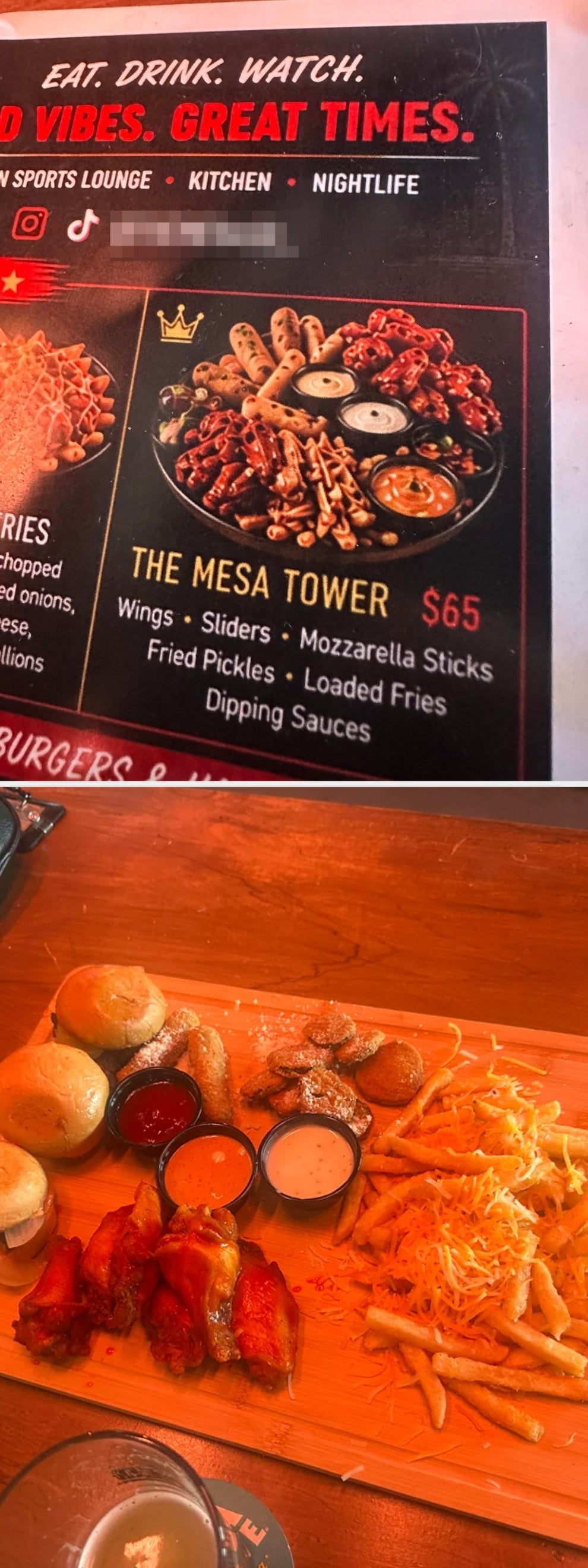 Menu item called "The Mesa Tower" includes wings, sliders, mozzarella sticks, fried pickles, loaded fries, and dipping sauces for $65