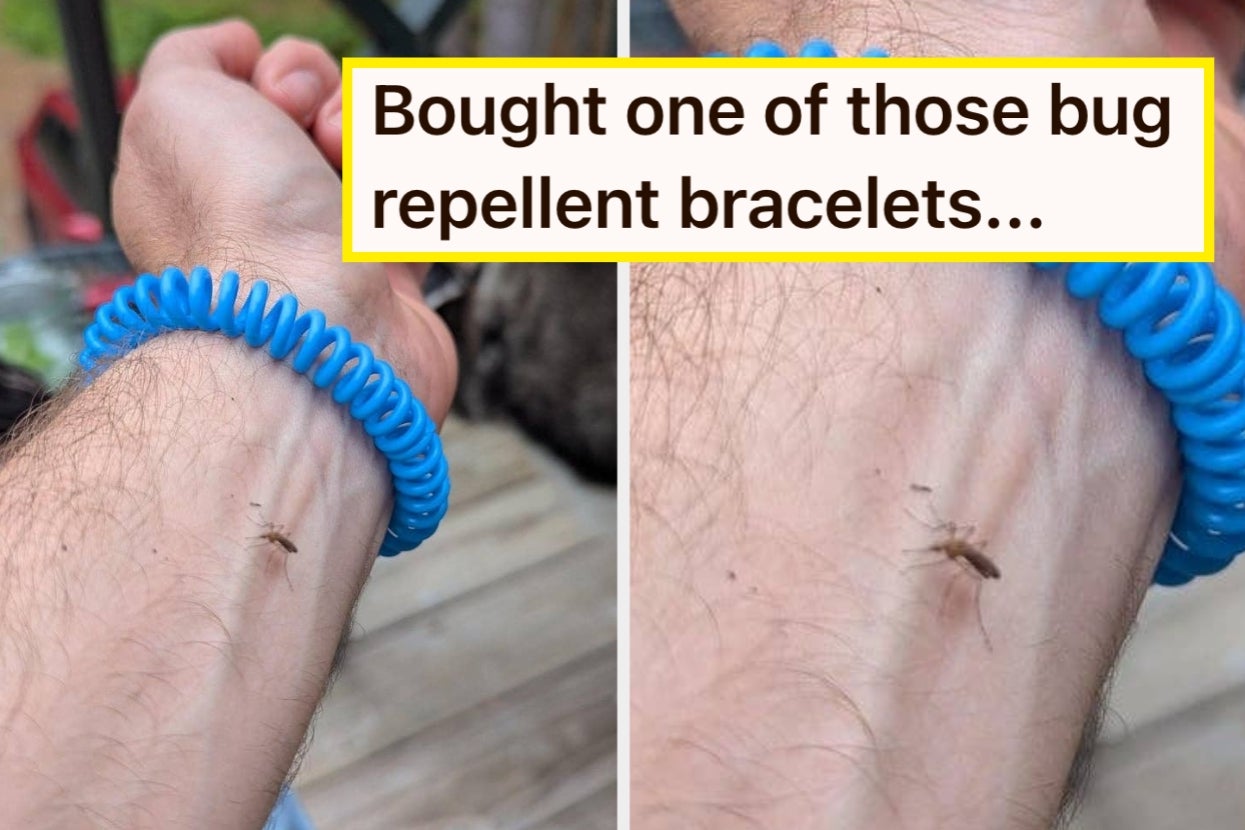 Mosquito on a person's wrist wearing a blue bug repellent bracelet; text humorously notes bracelet's ineffectiveness