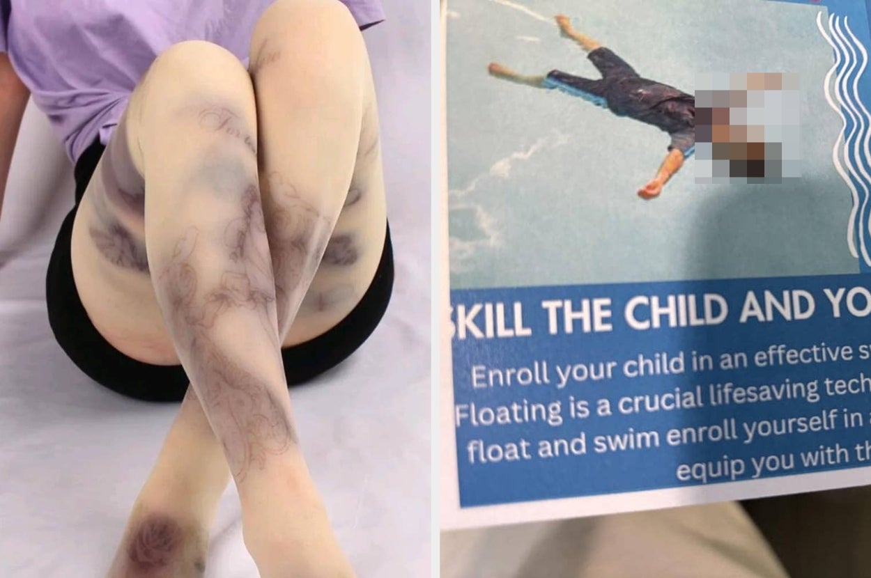 Person wearing leggings with a realistic hairy leg print; brochure promotes child swimming lessons with a photo of a child floating in water