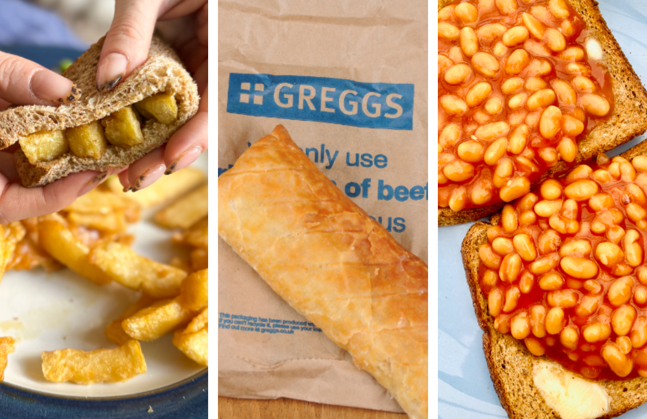 Three-panel image of UK comfort foods: chip butty, Greggs' pasty with packaging, and beans on toast