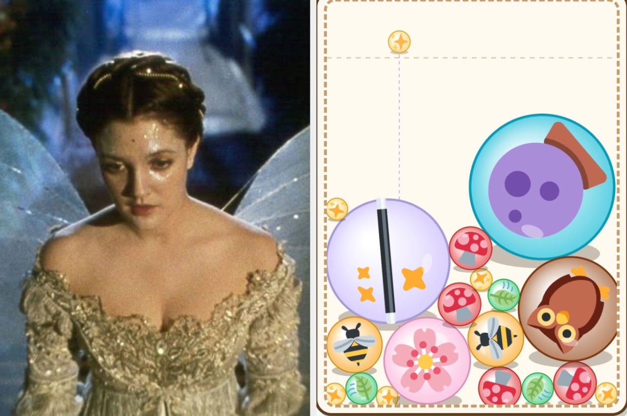 Actress in ornate lace gown next to a mobile puzzle game screen with colorful bubbles and emojis
