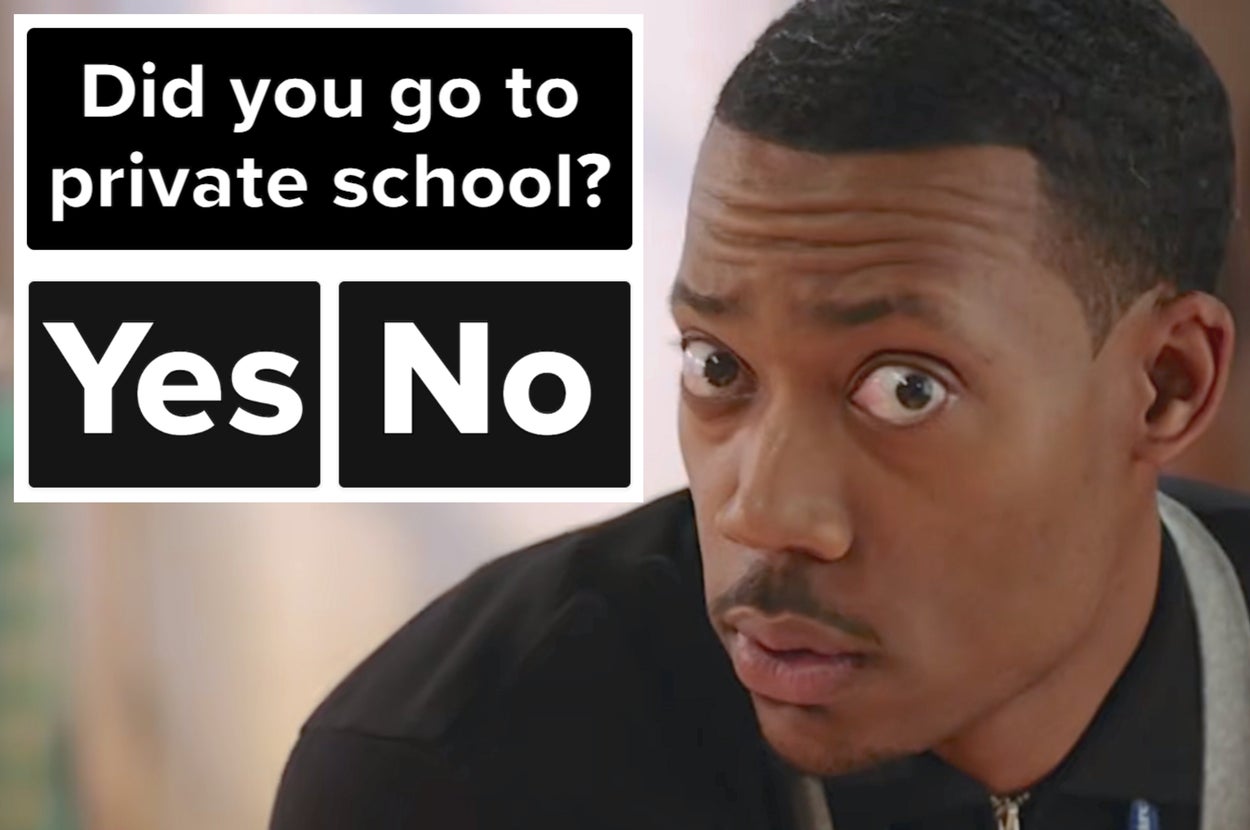 A person looks surprised beneath a poll question asking "Did you go to private school?" with yes and no options