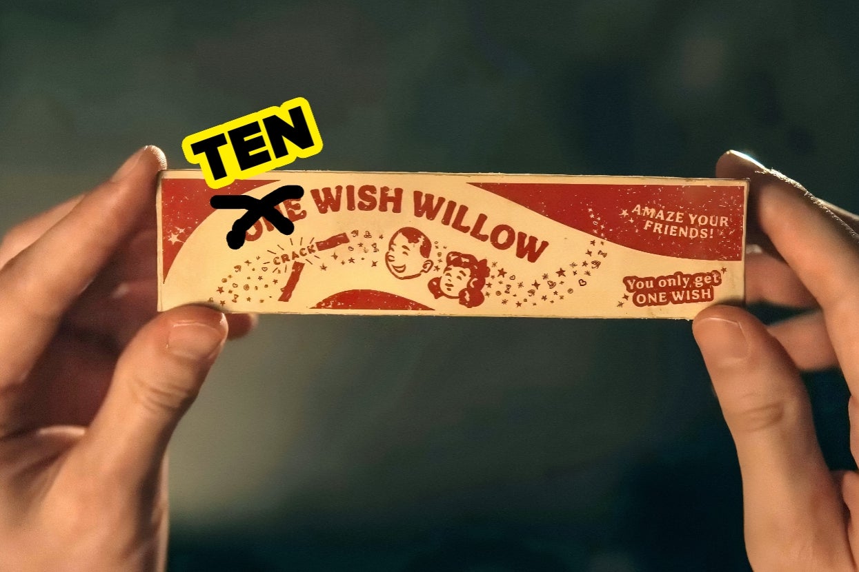 Box featuring a labeled toy called "Wish Willow," promising to amaze friends and offering one wish; altered with the word "TEN" in bold letters