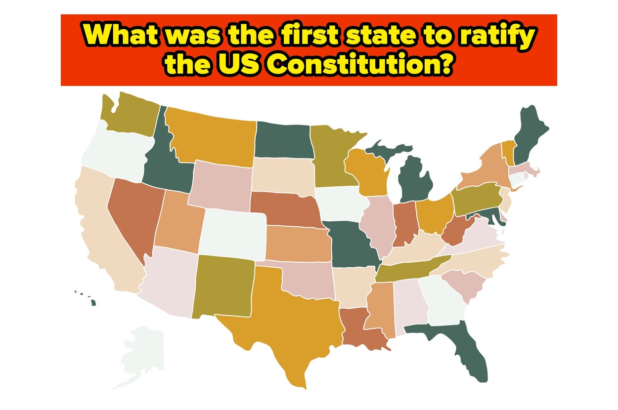 Text: "What was the first state to ratify the US Constitution?" Map of the USA with states highlighted