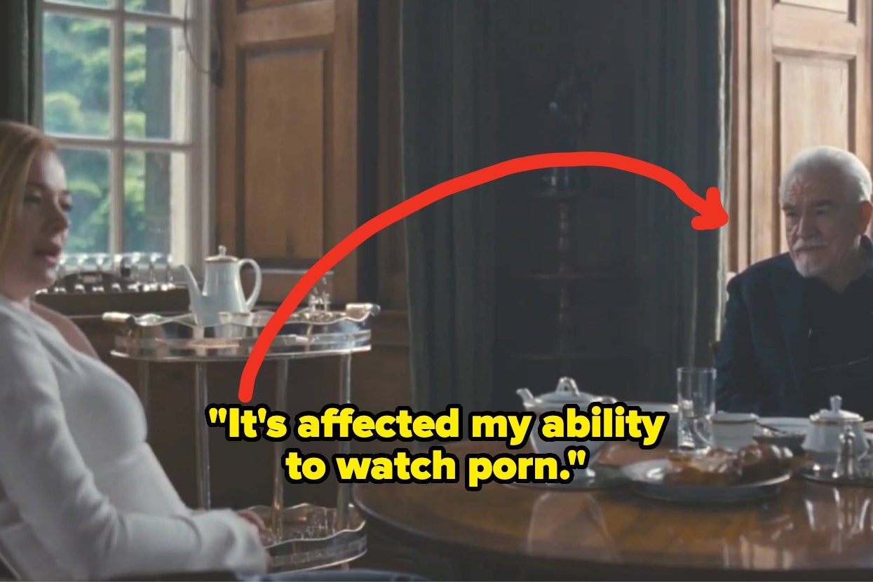 Two people sit in a room. Text reads: "It's affected my ability to watch porn." Red arrow points to an older man. Scene suggests a serious conversation