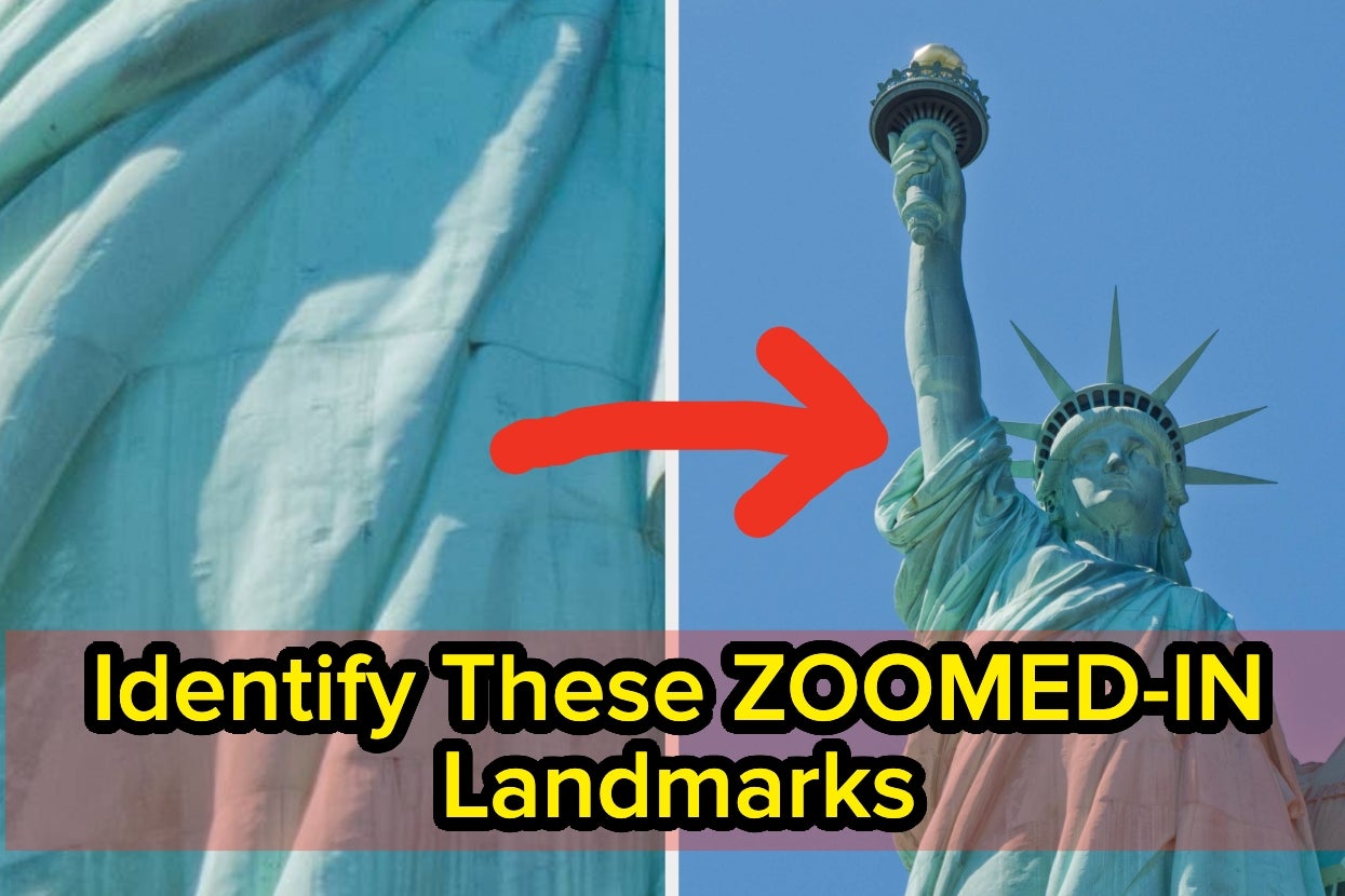 Close-up of the Statue of Liberty's robe with the full statue on the right, illustrating a travel-themed article on recognizing landmarks