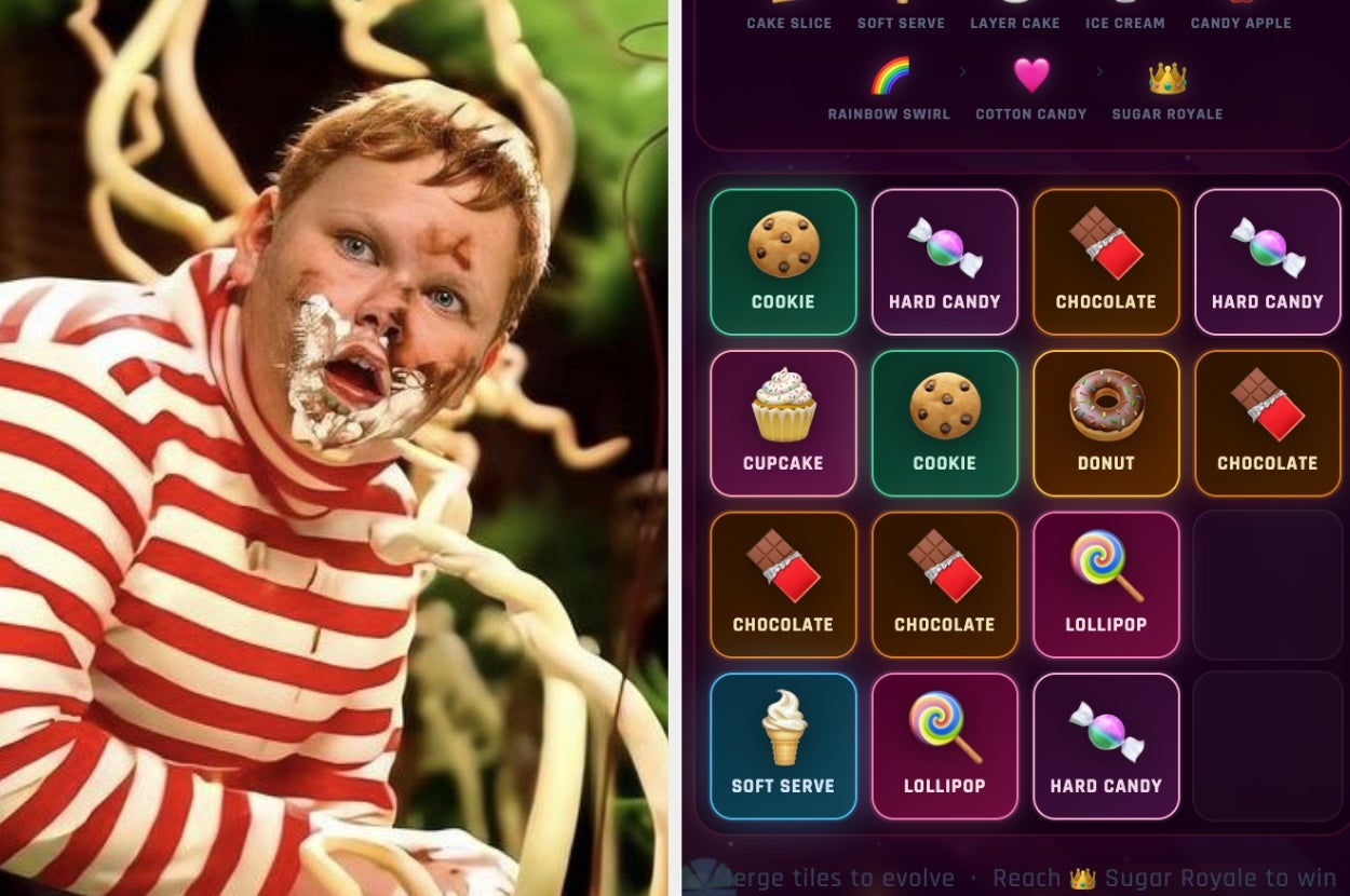 A person covered in whipped cream from a mishap is on the left. On the right, a match-three game screen with various candy icons and progress bar