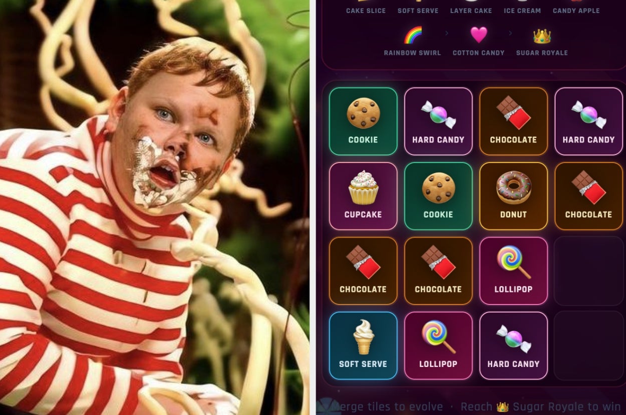 A person covered in whipped cream from a mishap is on the left. On the right, a match-three game screen with various candy icons and progress bar