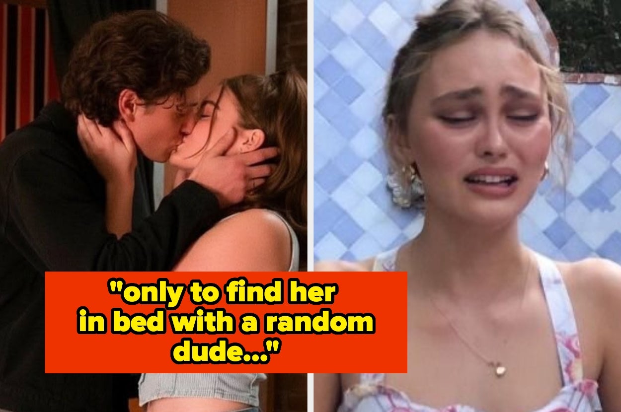 Couple kissing on the left, distressed woman on the right. Text overlay reads: "only to find her in bed with a random dude..."
