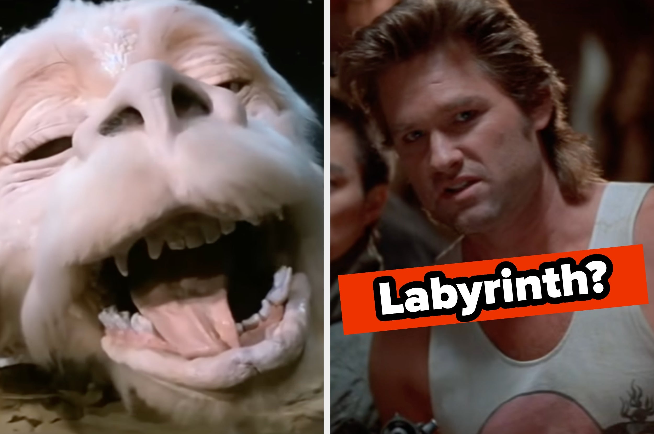 Split image with a white dragon-like creature and a man in a tank top labeled "Labyrinth?" in bold text