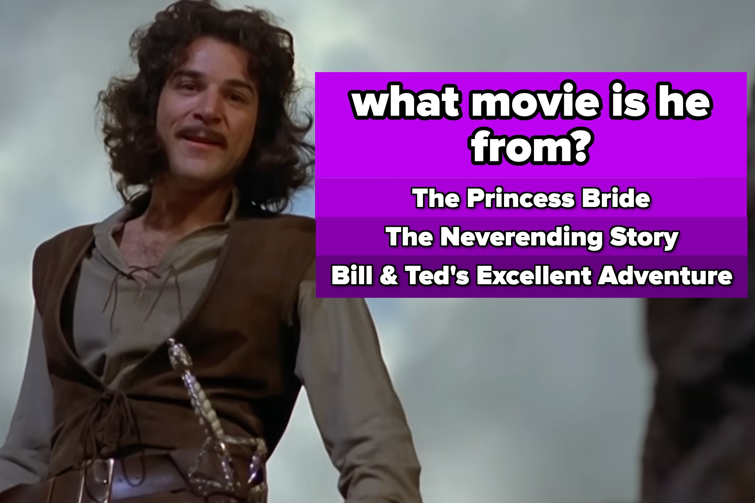 Man with curly hair in medieval outfit holding sword. Text asks, "What movie is he from?" with three movie choices: The Princess Bride, The NeverEnding Story, Bill & Ted's Excellent Adventure