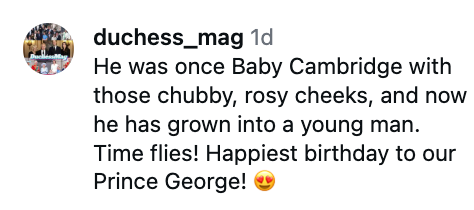 Instagram station  celebrating Prince George's birthday, highlighting his maturation  from babyhood to young manhood with a joyful message