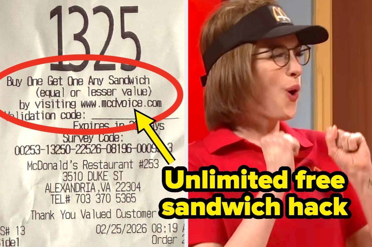 Receipt showing "Buy One Get One Any Sandwich" offer from McDonald's. Woman in McDonald's uniform appears excited beside text: "Unlimited free sandwich hack"
