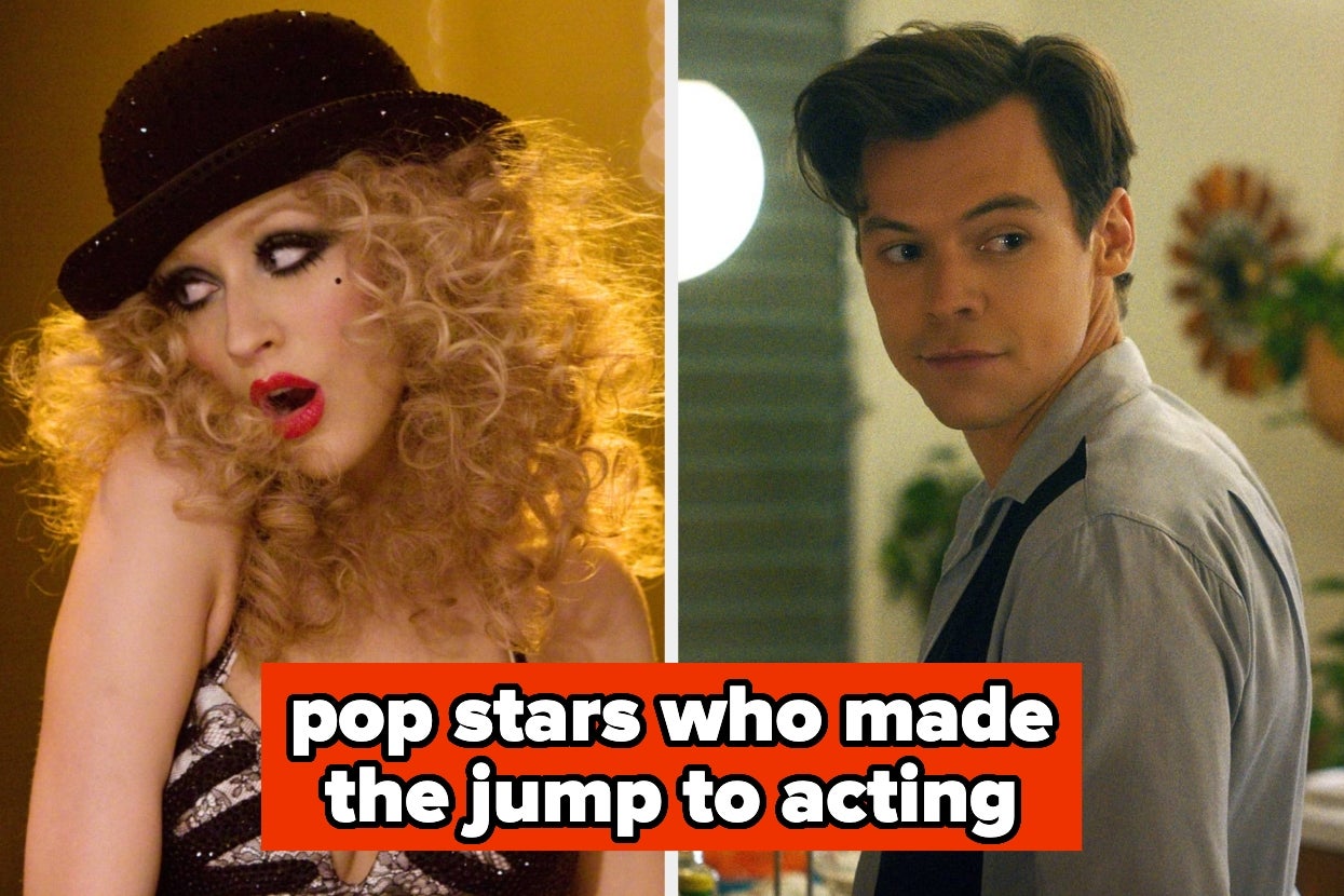Split image of Christina Aguilera in "Burlesque" and Harry Styles in "Don't Worry Darling," text overlay: pop stars who made the jump to acting