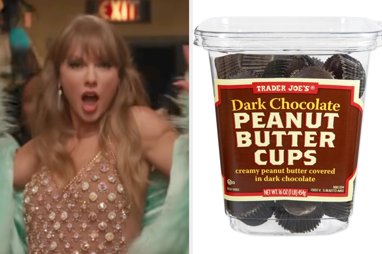 On the left, Taylor Swift singing in the Fate of Ophelia music video, and on the right, a container of Trader Joe's dark chocolate peanut butter cups
