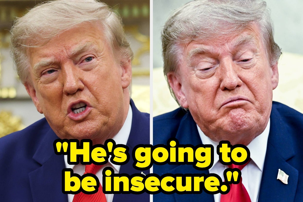 Two images of the same person speaking and with a neutral expression. Text between images: "He's going to be insecure."