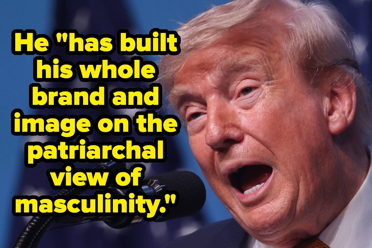 A person speaking at a podium with a quote: “He has built his whole brand and image on the patriarchal view of masculinity.”