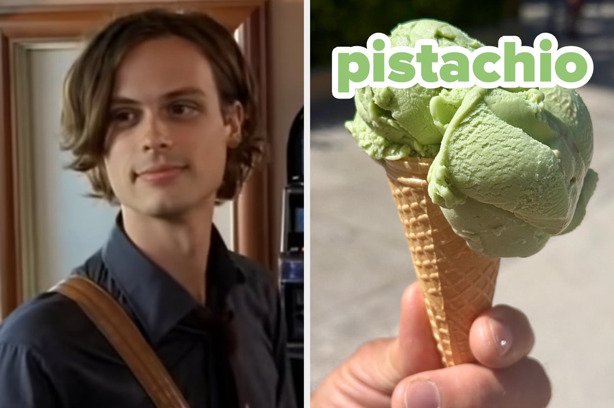 On the left, Spencer Reid from Criminal Minds, and on the right, someone holding a pistachio ice cream cone