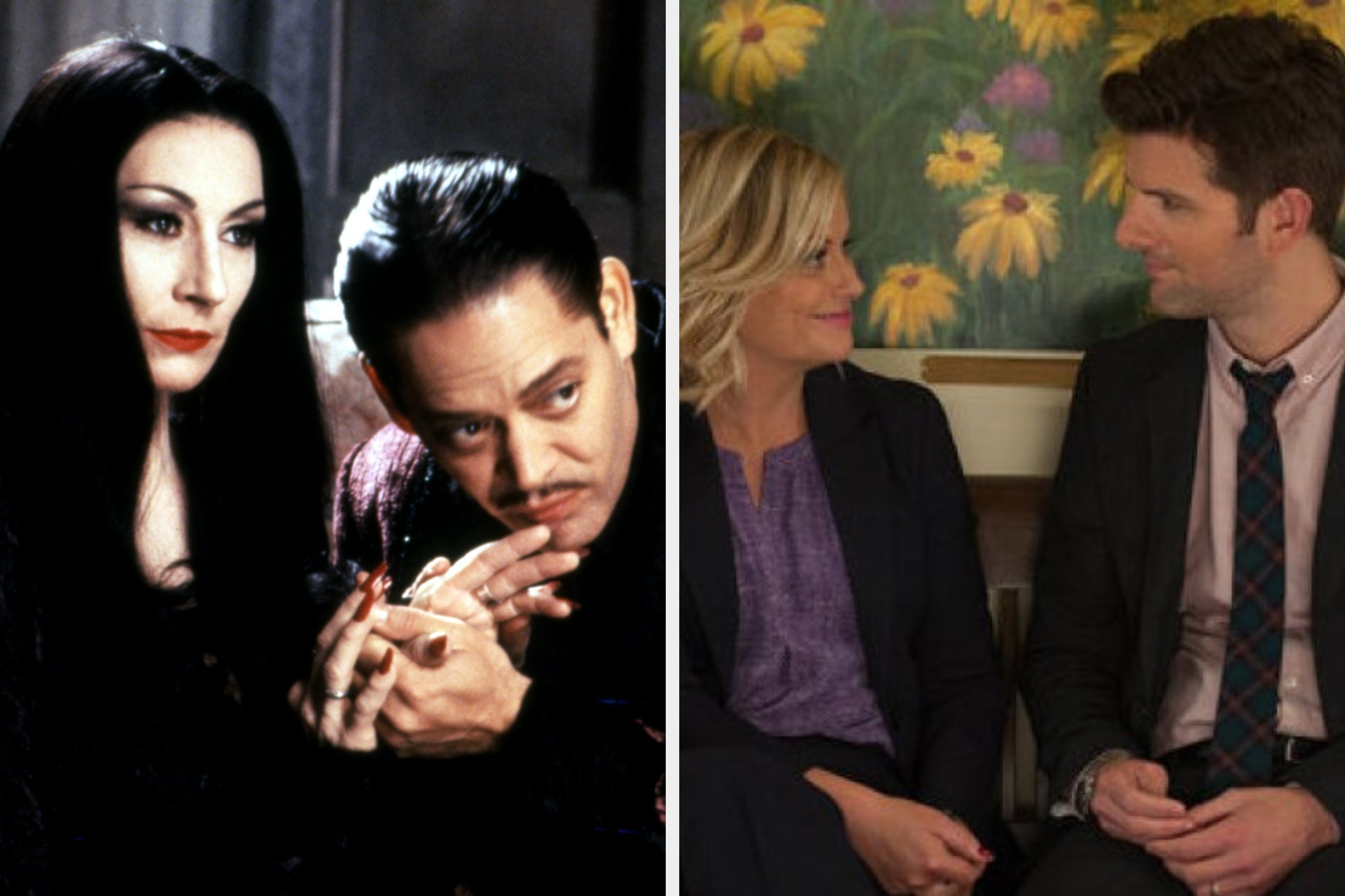 Two iconic TV couples sit indoors: a gothic couple on the left, a modern well-dressed couple on the right, looking at each other affectionately