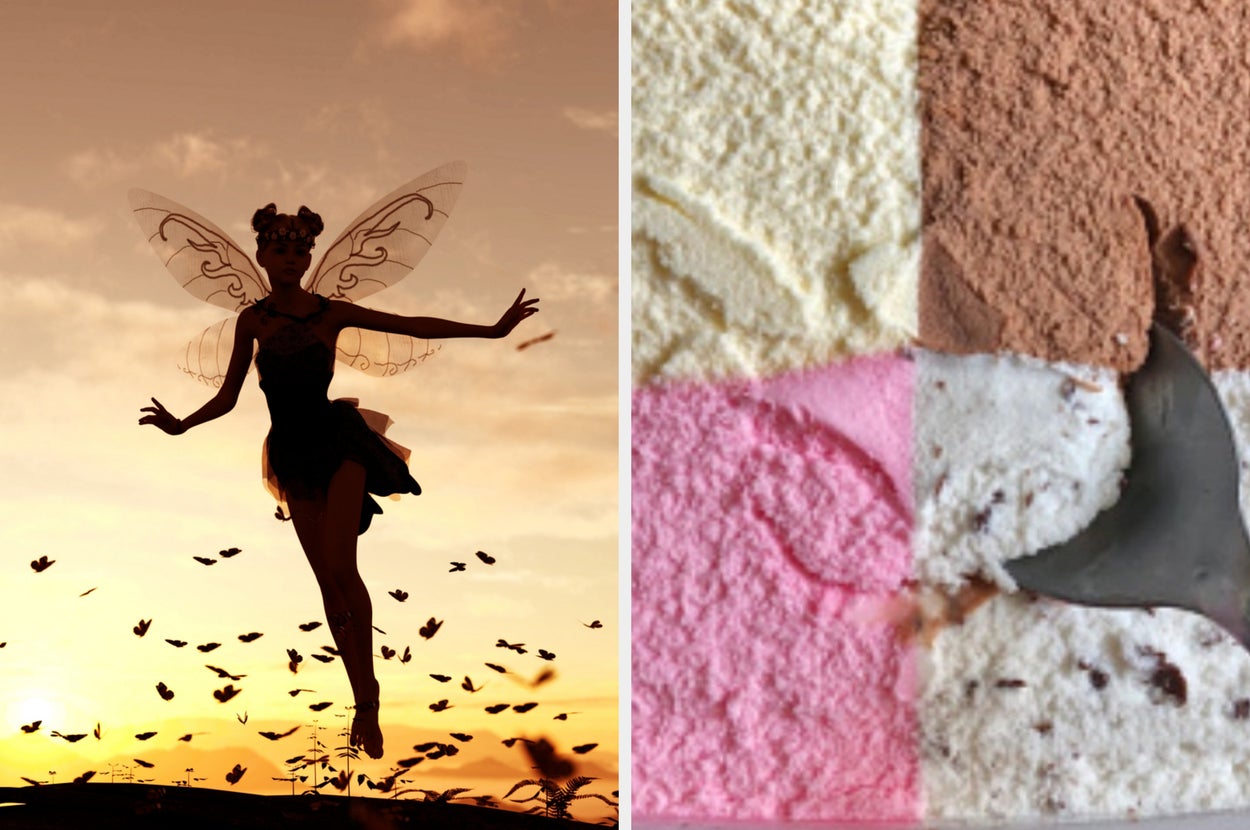Left: Person in mermaid costume sitting on a rock by water. Right: Ice cream in four flavors with a scoop