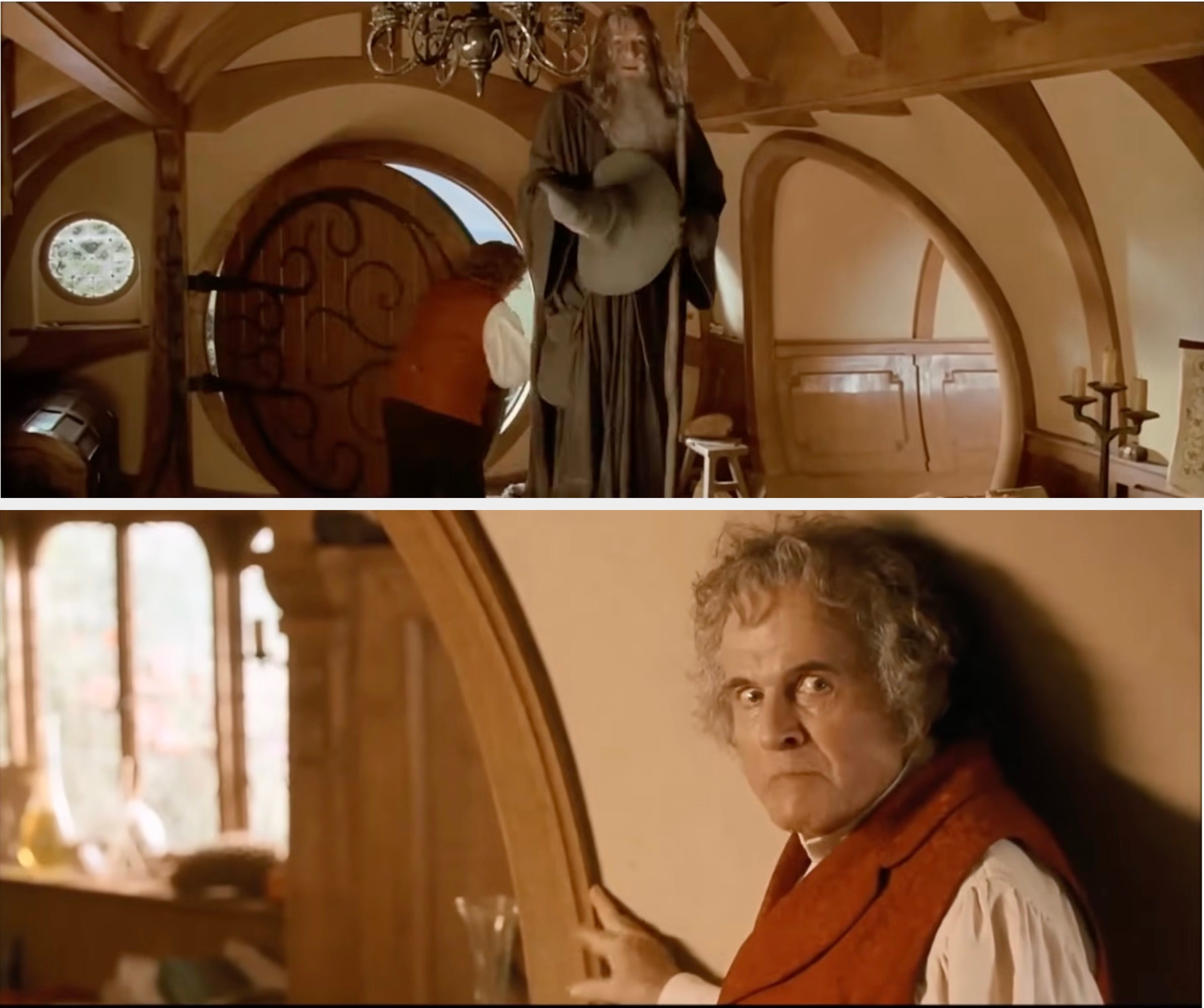Top: Tall bearded wizard enters a cozy, round-doored home. Bottom: Concerned older man in a vest stands in an arched doorway