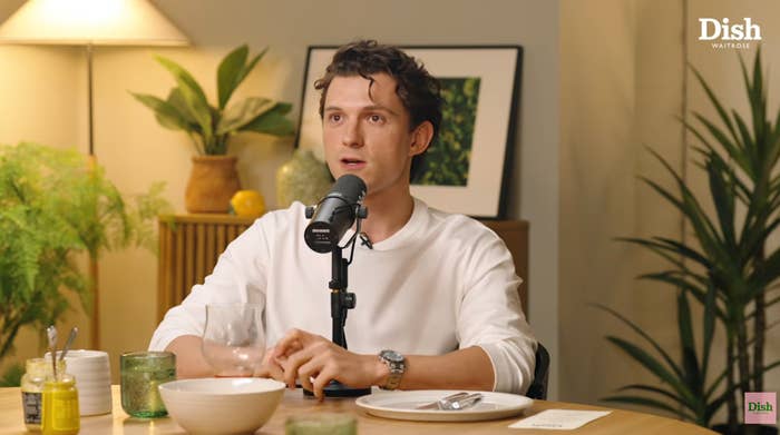 A person is speaking into a microphone during a podcast or interview, sitting at a table with dishes and plants in the background