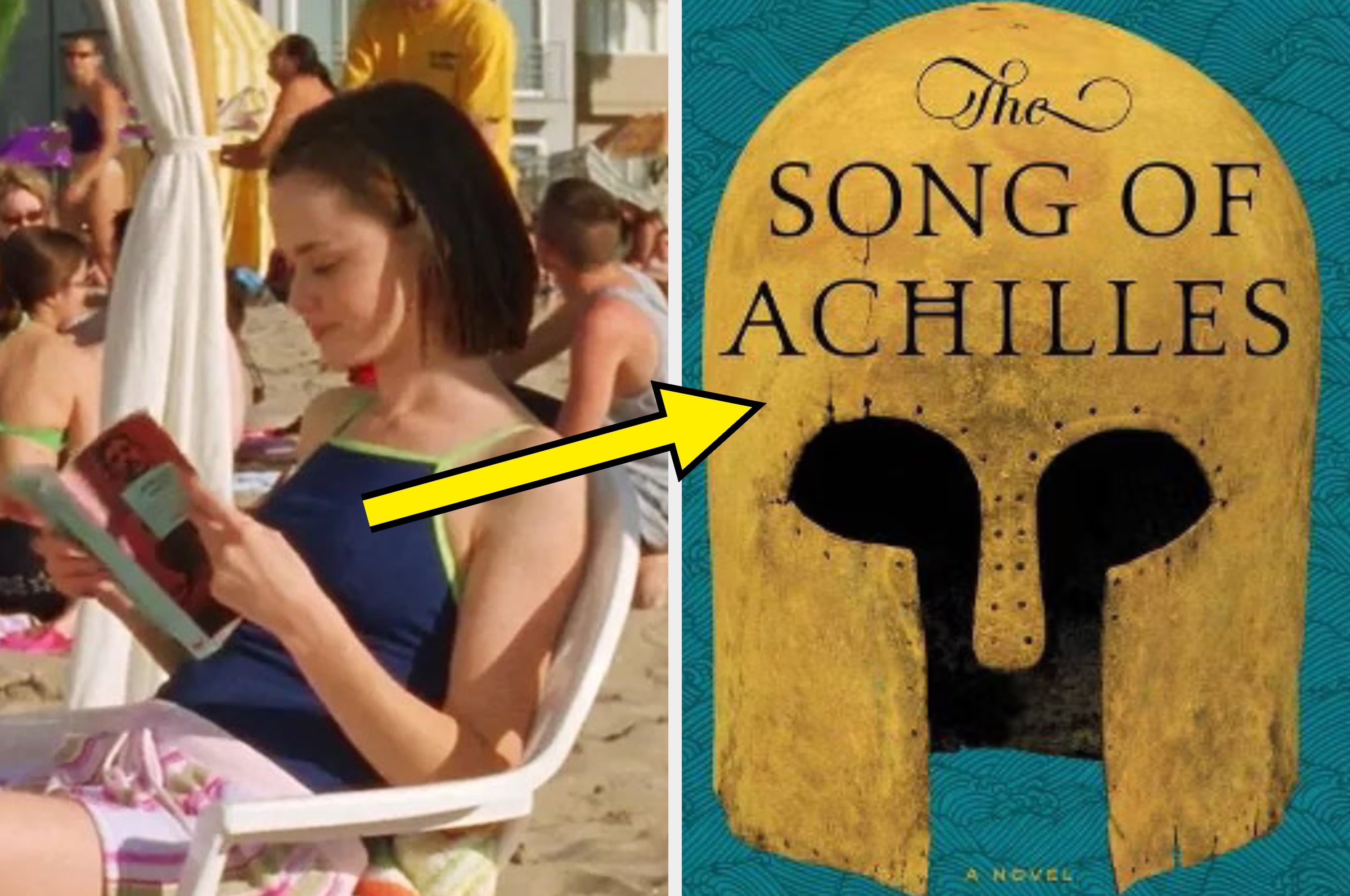 Person reading a book on the beach with an arrow pointing to "The Song of Achilles" book cover