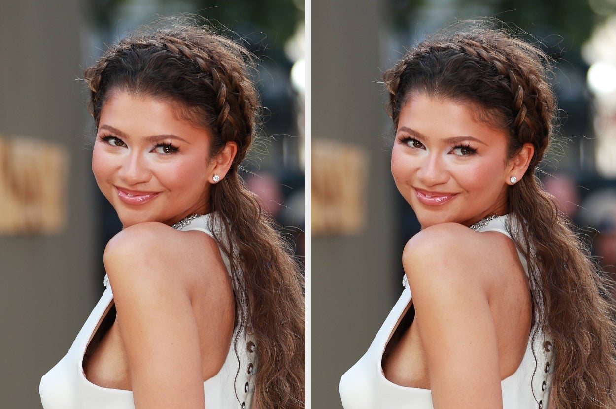 Actress on a red carpet wearing an elegant sleeveless gown with braided hairstyle, smiling at the camera