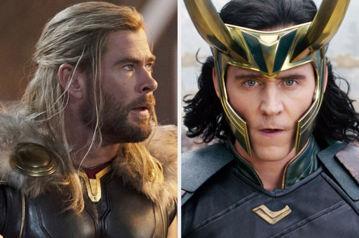 Two fictional characters in fantasy armor. The left has long hair and fur-like details; the right wears a horned helmet and a cape