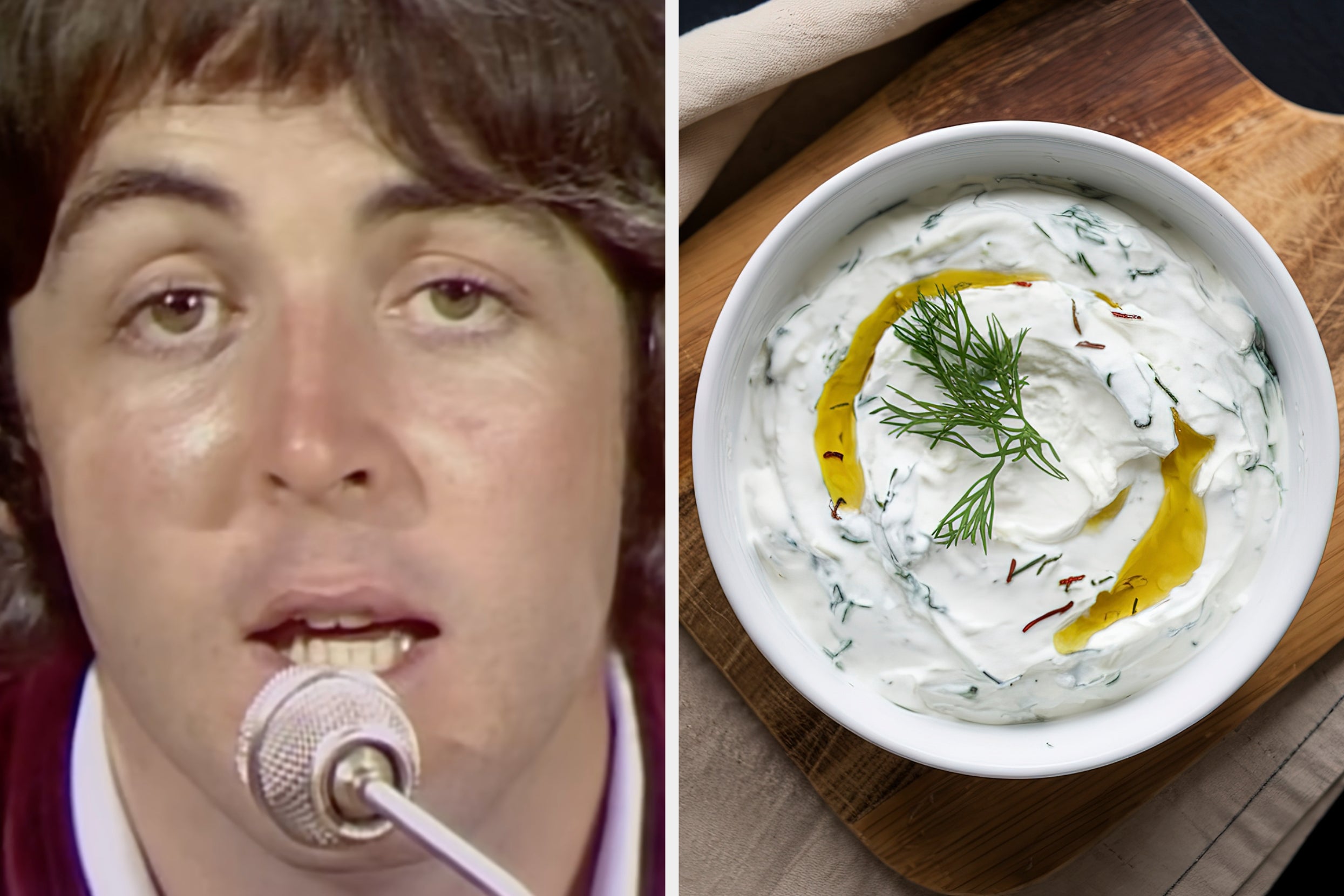 A person sings into a microphone; next to it is a bowl of creamy dip garnished with herbs and olive oil
