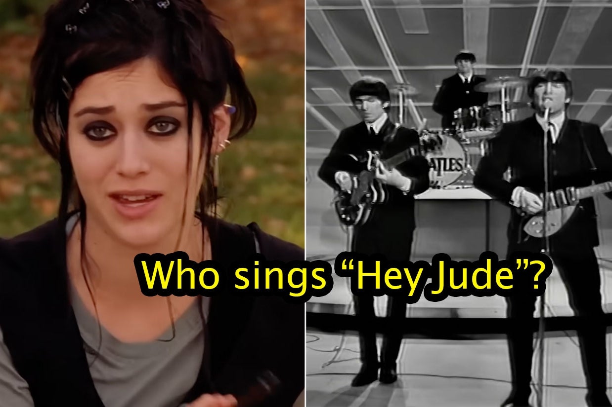 Split image: On left, person with dark makeup looks concerned. On right, iconic band performing. Text asks, "Who sings 'Hey Jude'?"