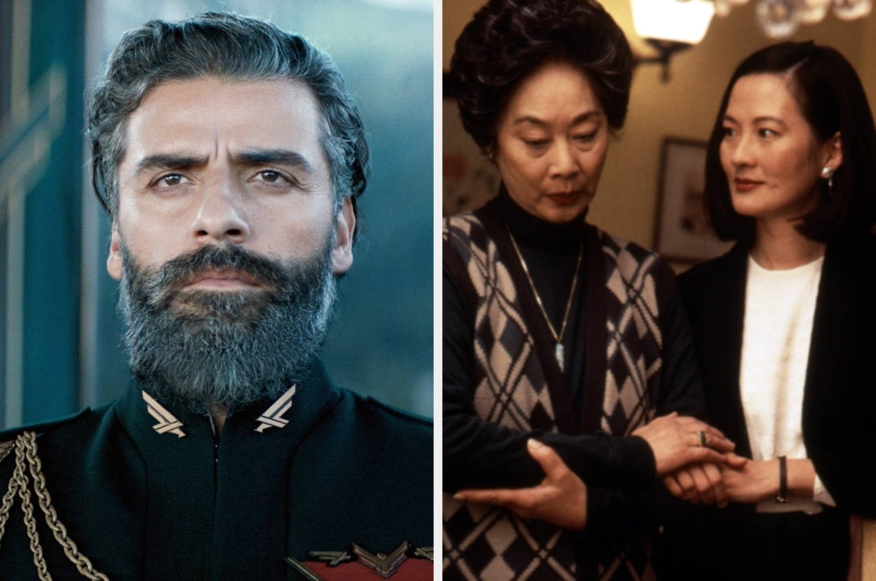 Split image: Left, a man in a military-style uniform; right, two women sharing a moment, one in a patterned sweater