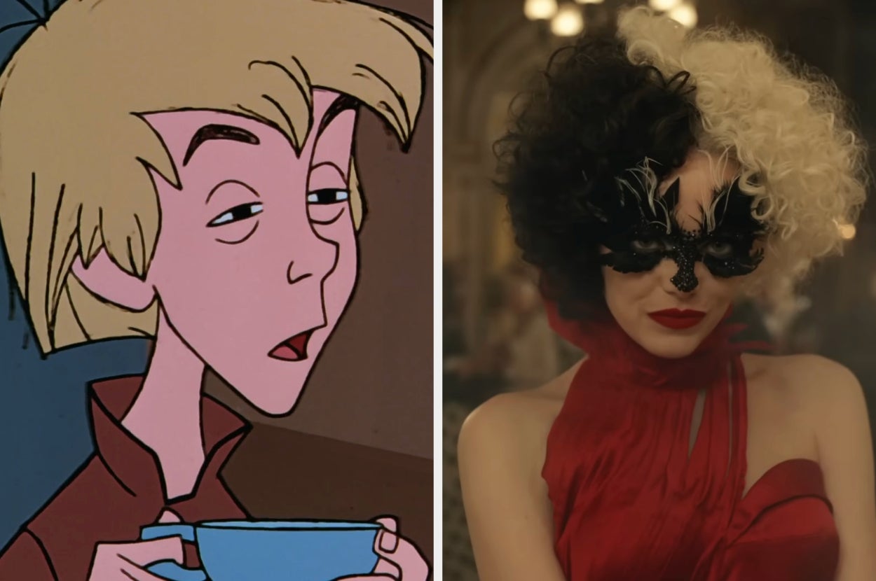 Animated character holding a cup, beside a person in a red dress with a black masquerade mask and curly hair
