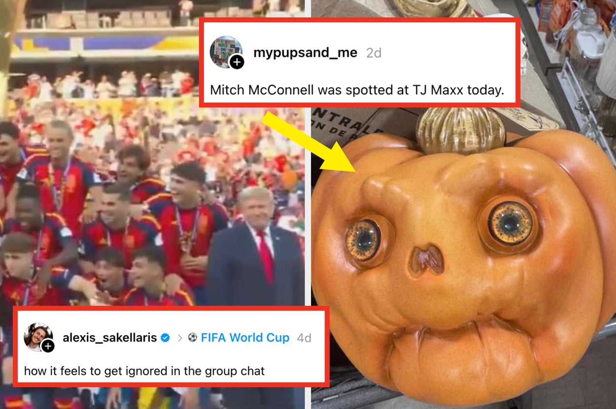 A pumpkin with eyes is humorously compared to Mitch McConnell, alongside a FIFA World Cup group photo and a caption about being ignored in a chat