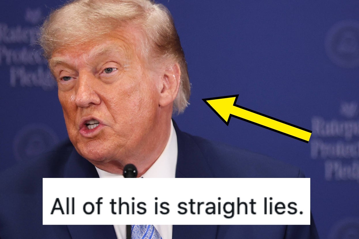 Person speaking with a yellow arrow pointing to their hair; text at the bottom reads "All of this is straight lies."