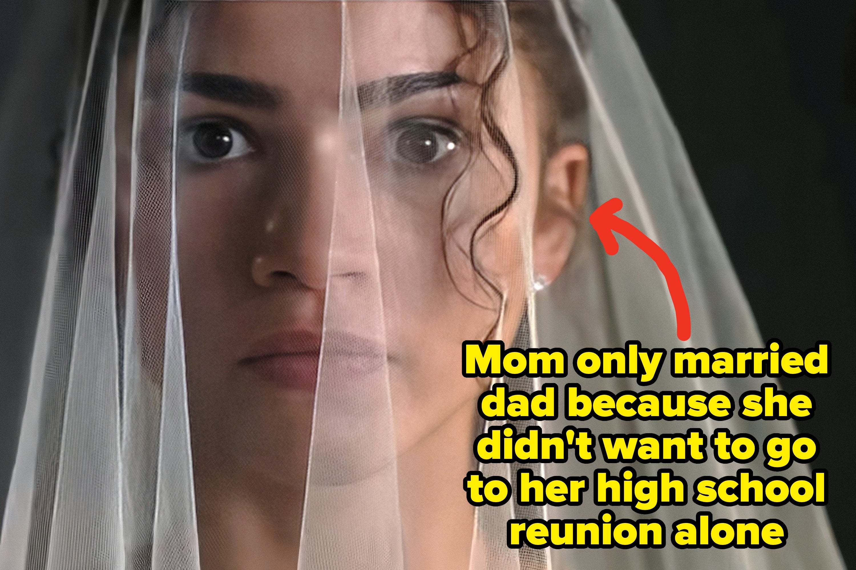 A woman in a bridal veil looks forward. Text beside her reads, "Mom only married dad because she didn't want to go to her high school reunion alone."