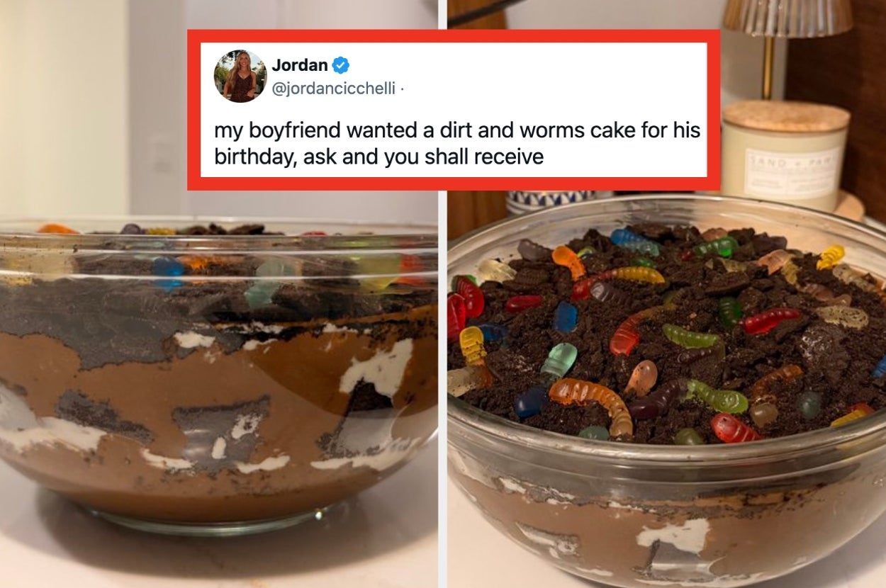 Two views of a layered "dirt and worms" dessert with crumbled cookies and gummy worms in a glass bowl