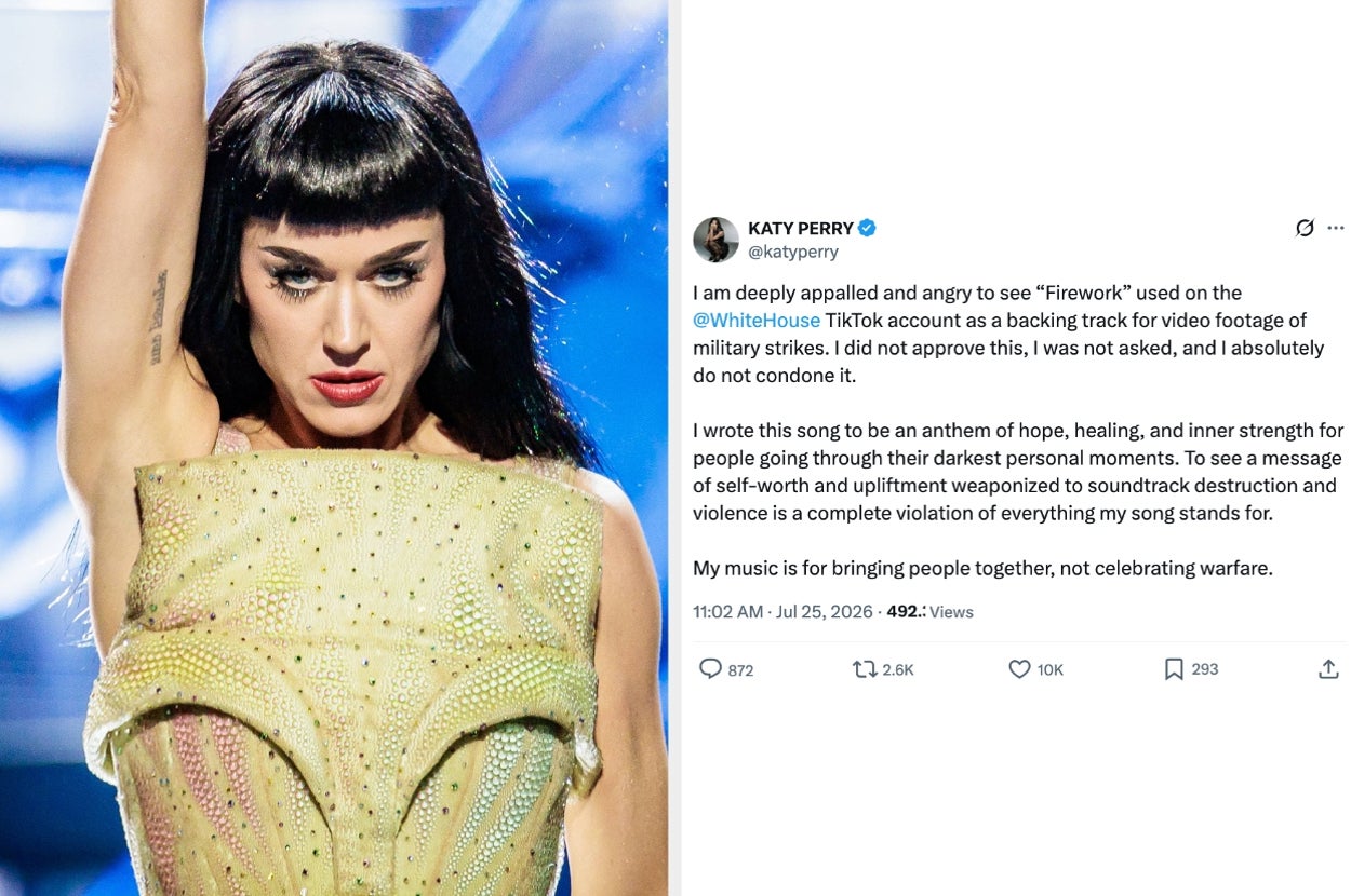 Katy Perry raises a fist in the air on stage vs a tweet from Katy Perry expresses disapproval of the Trump administration using Firework in a military strikes video