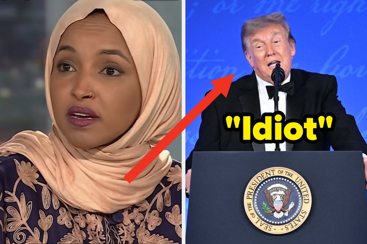 Split image: Left shows a woman in a headscarf. Right shows a man in a tuxedo speaking at a podium. Text reads "Low IQ" with an arrow pointing