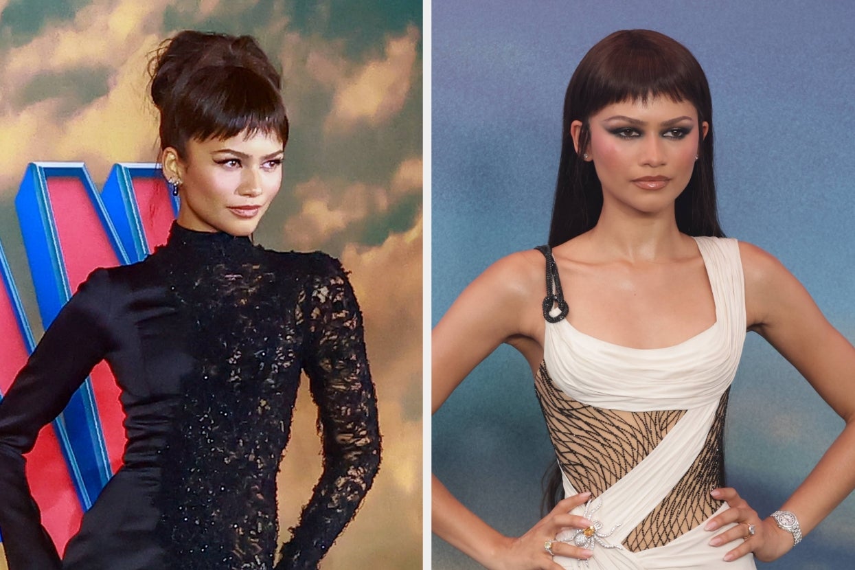 Two images of a celebrity on the red carpet. Left: wearing a sleek black gown with lace details. Right: in a chic gown with geometric patterns