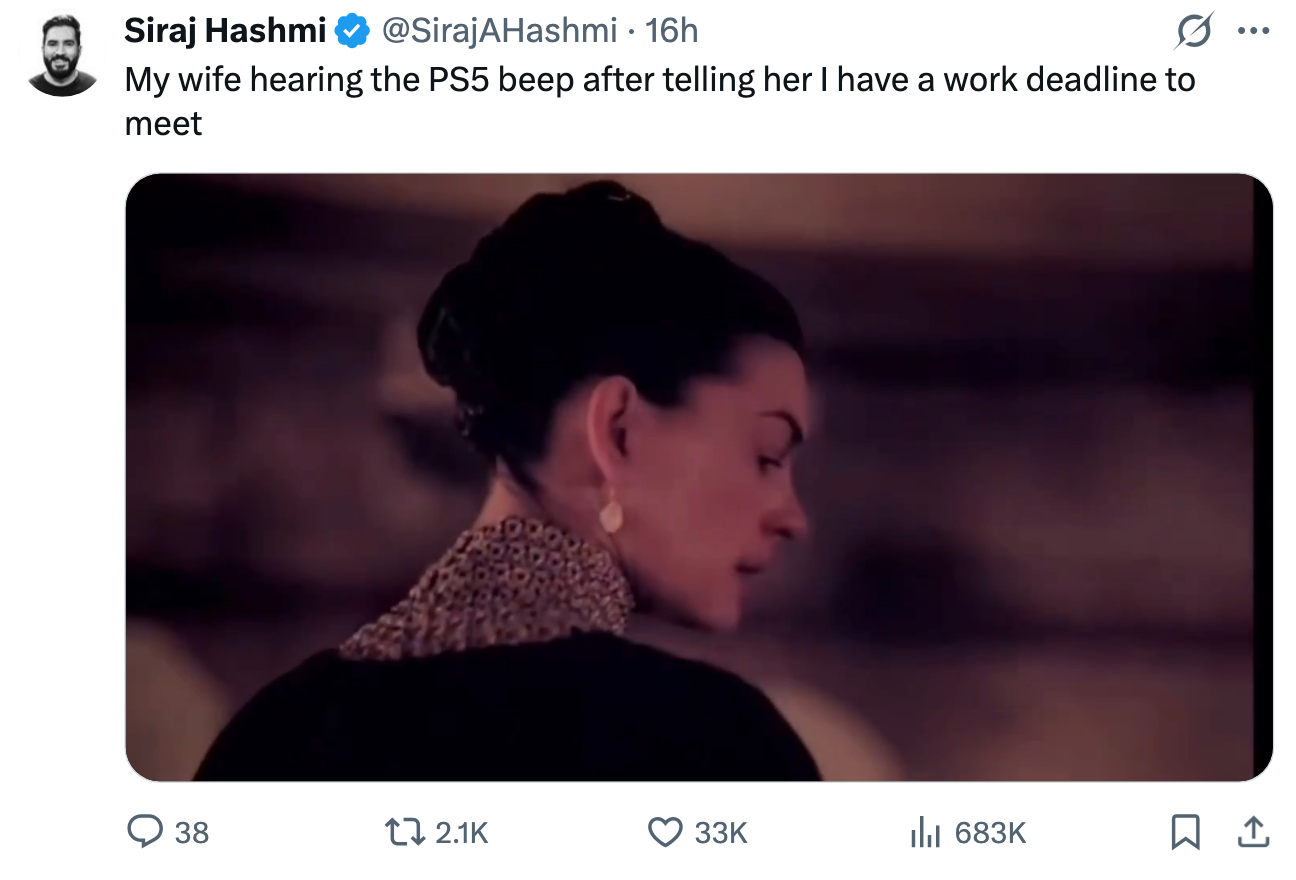 Woman reacting humorously to off-screen sound, with tweet about PS5 beep and work deadline