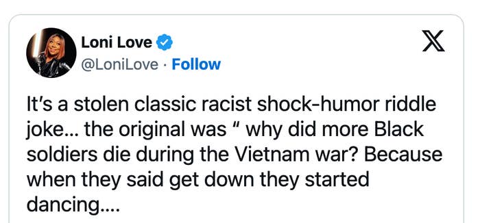 Summary of a tweet by Loni Love criticizing a racist joke about Black soldiers in the Vietnam War